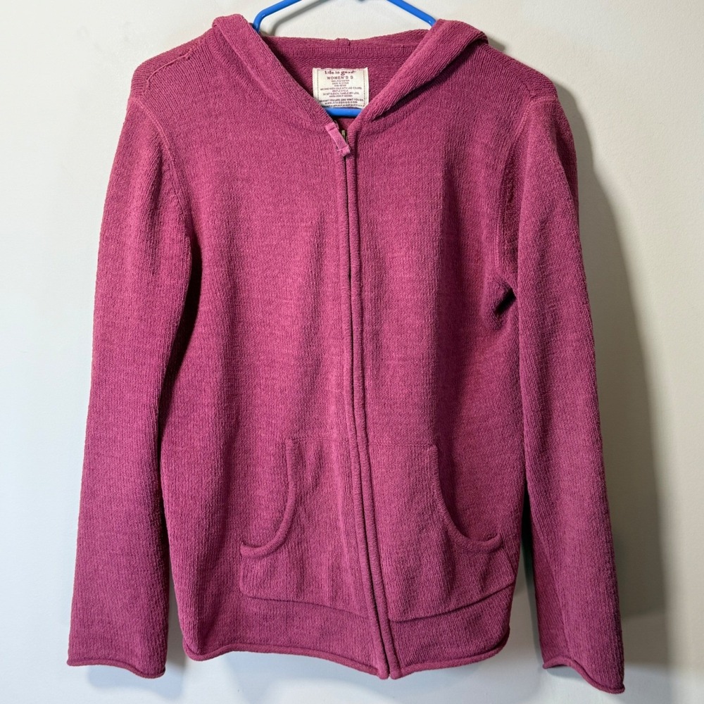 Life is Good Full Zip Hoodie Womens S Berry Pink Fair Textured Knit Sweater Cozy - Picture 1 of 8
